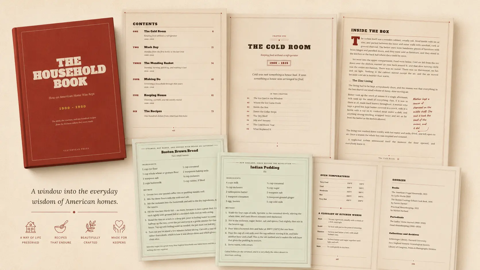 The Household Book cover with readable contents, chapter, recipe, glossary, and source pages
