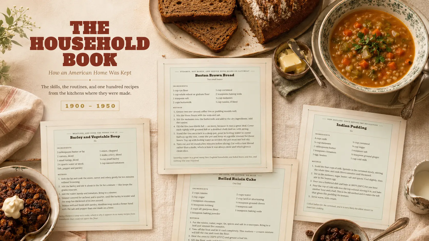 Selected recipes from The Household Book arranged with bread, soup, and period tableware
